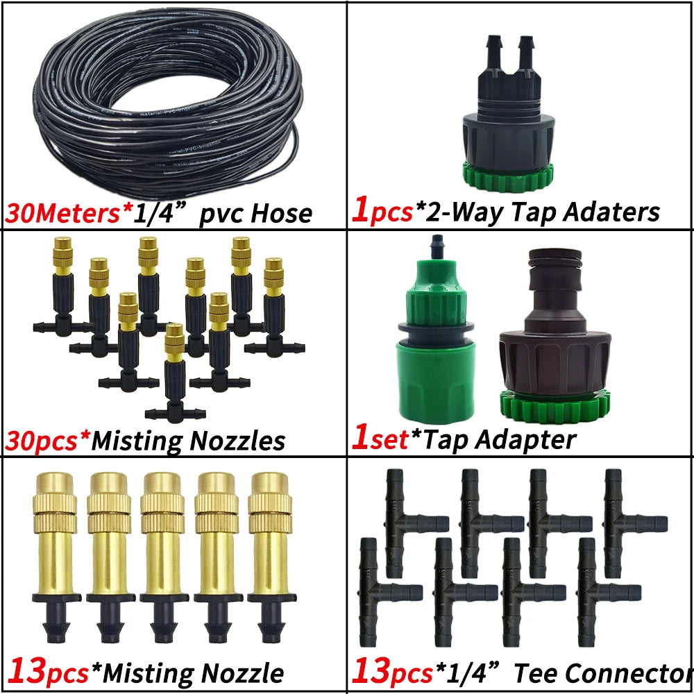 15M-30M Outdoor Misting Garden Irrigation 1/4'' Brass Atomizer Nozzles Hose for Patio/Greenhouse
