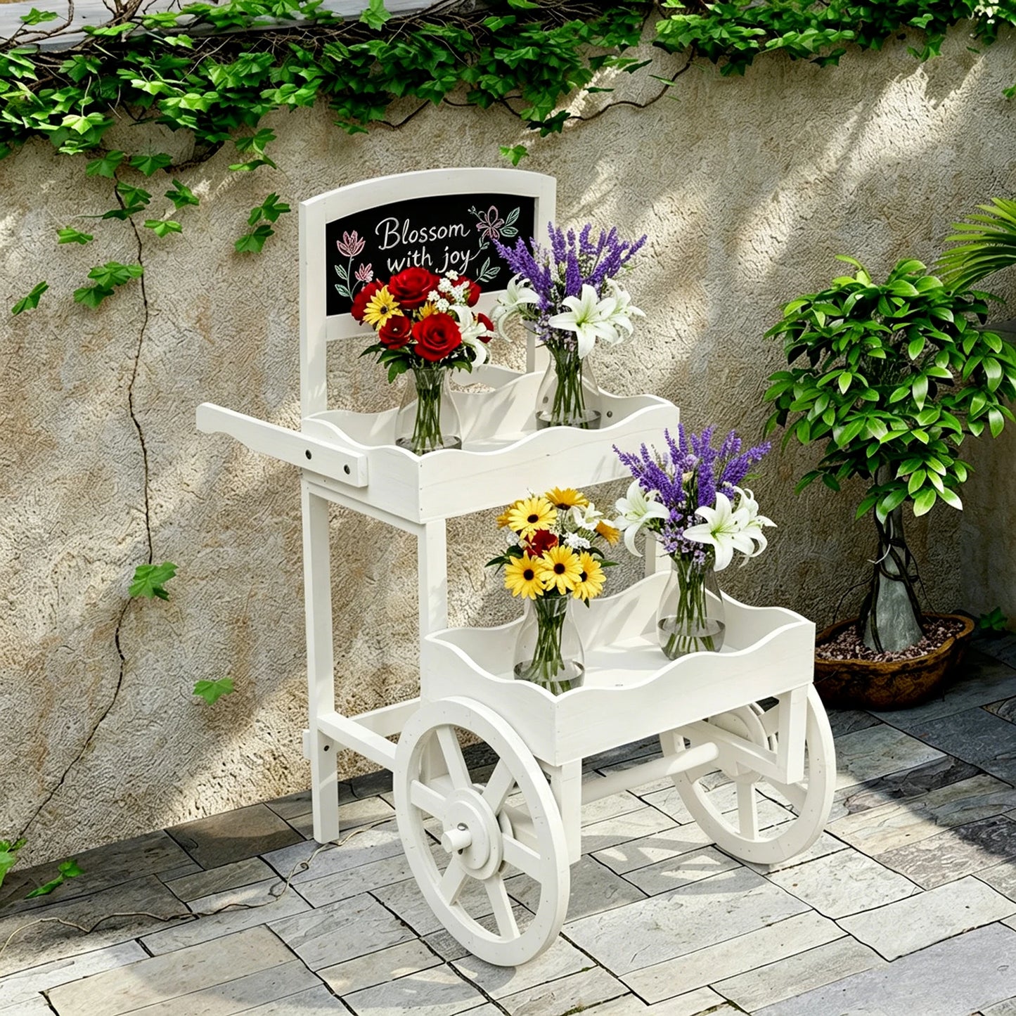 2-Tier Planter Cart, Garden Wood Flower Display Stand with Wheels