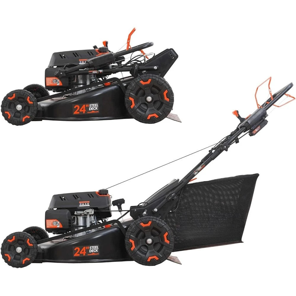 24 inch 201cc Self Propelled Gas Lawn Mower with Electric Start 6 Speed CVT High Wheel 3-in-1 RWD
