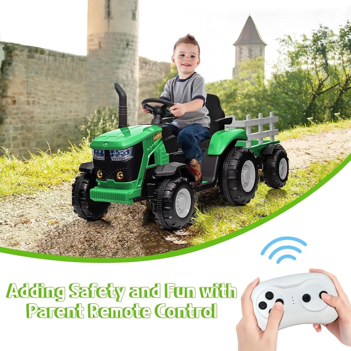 12V Kids Tractor with Trailer,35W Dual Motors,, Bluetooth ,Music, Spring Suspension