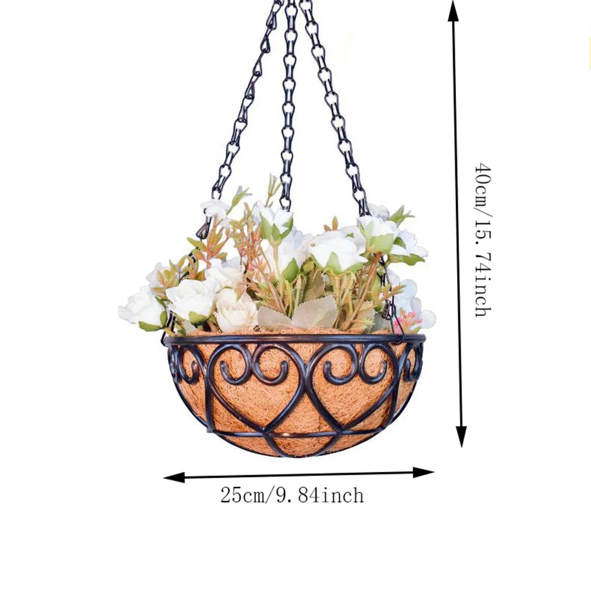 Coconut Brown Round Iron Chain Hanging Basket Flowerpot Holder