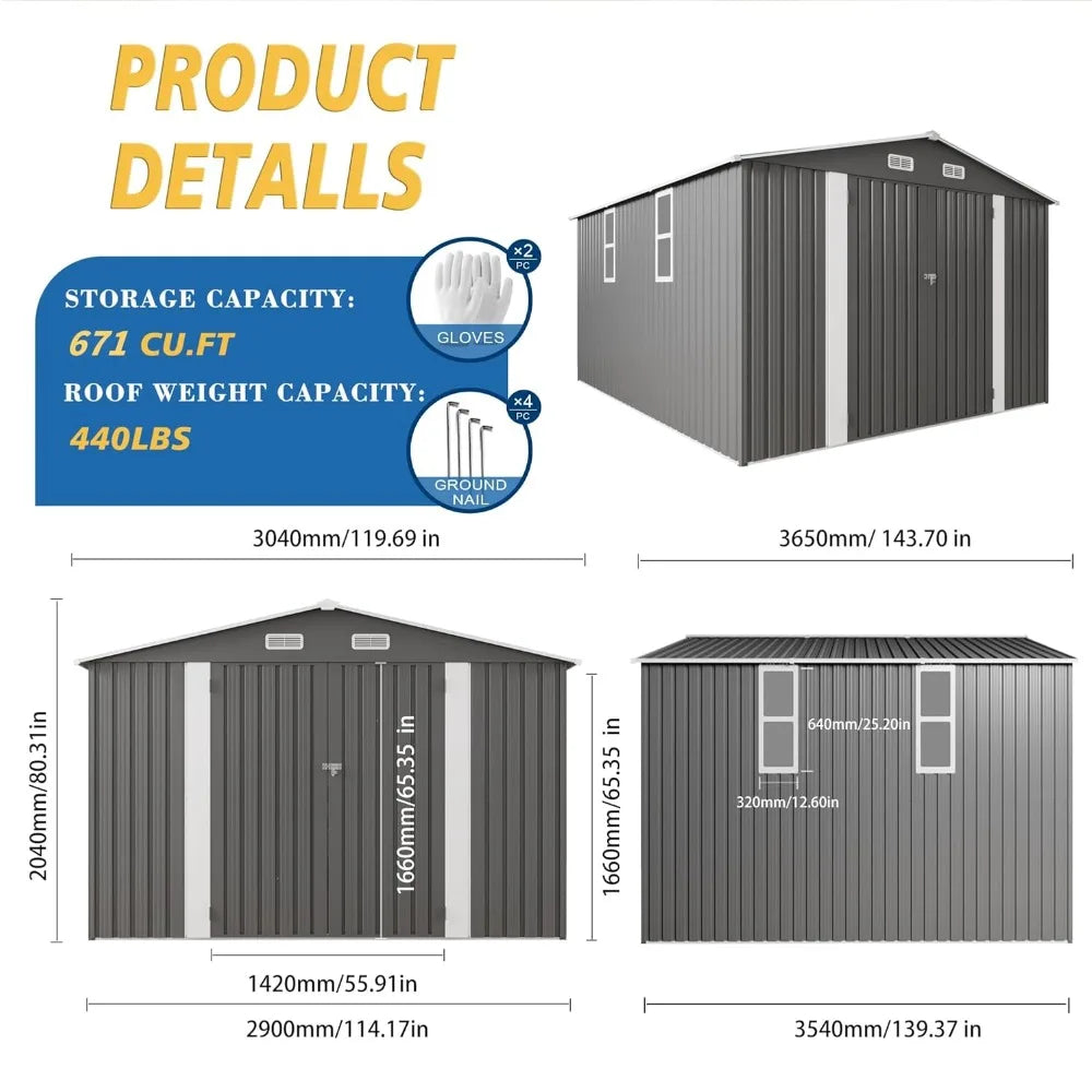10x12x6.7FT Galvanized Steel Storage Shed Lockable Door Window