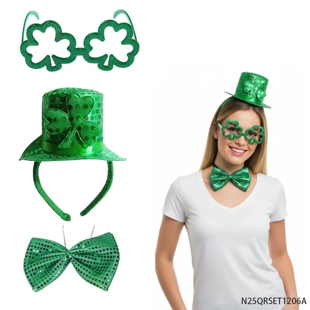 St Patrick's Shamrock Glasses, Sequin Hat & Bow Tie