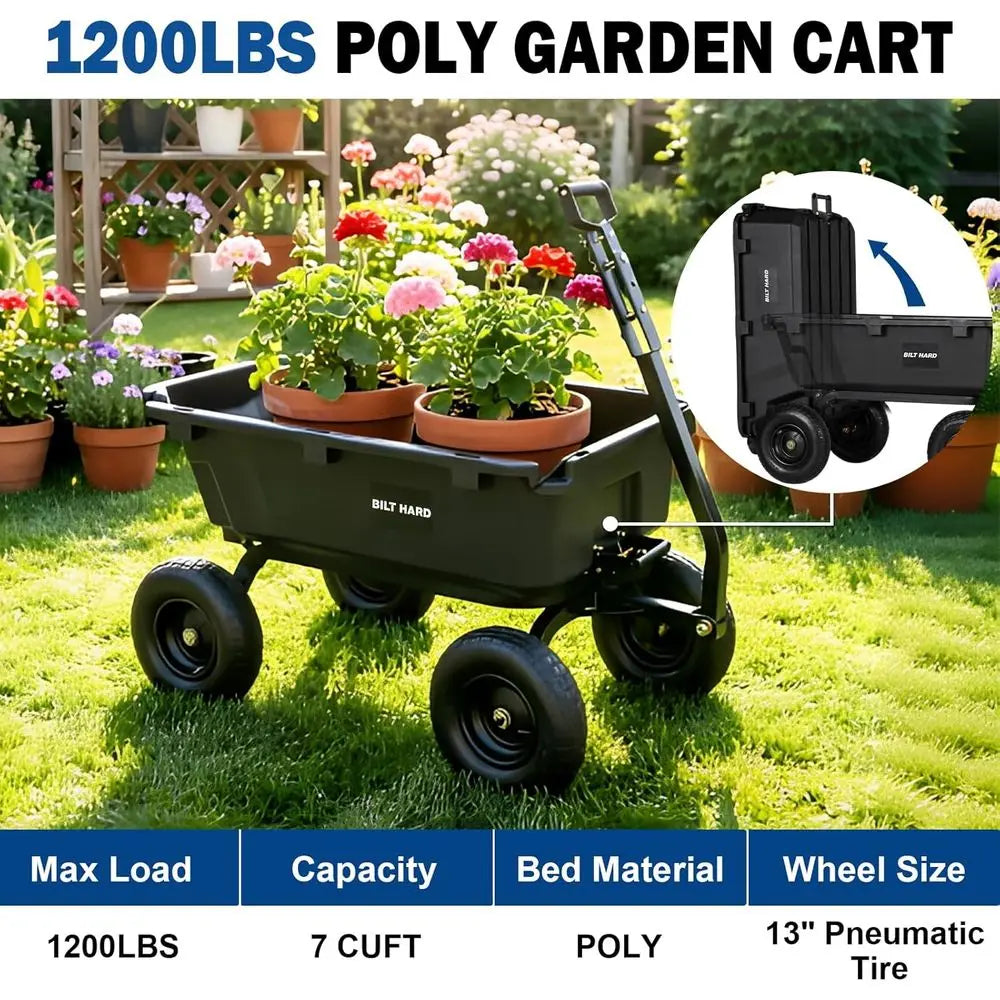 1200 lbs Poly Garden Dump Cart, 7 Cu t acity Heavy Duty Garden Carts, Quick Release, 2-in-1 Convertible Handle