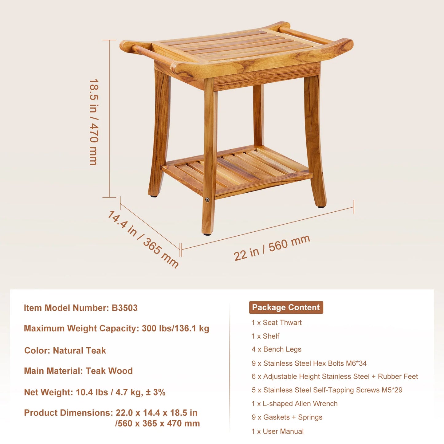 Bamboo Waterproof Shower Stool Chair with Storage Shelf 330lbs Load Capacity Spa Seat