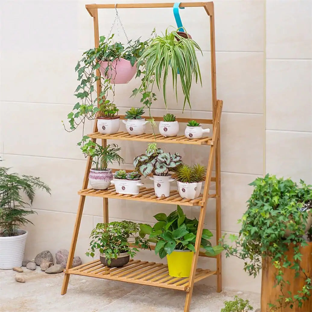 UNHO 3 Tier Foldable Bamboo Ladder Plant Stand Flower Storage Shelving Hanging Rack