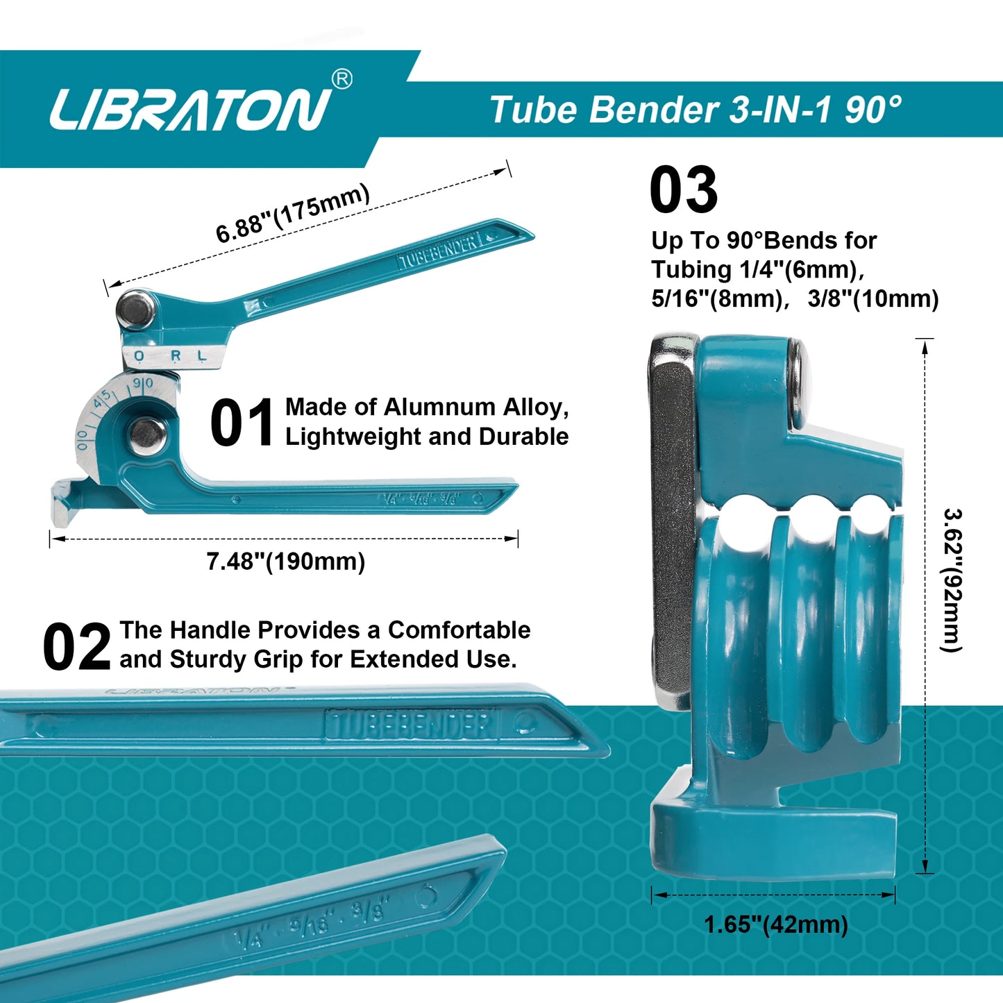 LIBRATON Tube Pipe Bender, 3-IN-1, 1/4" 5/16" 3/8" for Copper, Brass, Aluminum, Thin Steel