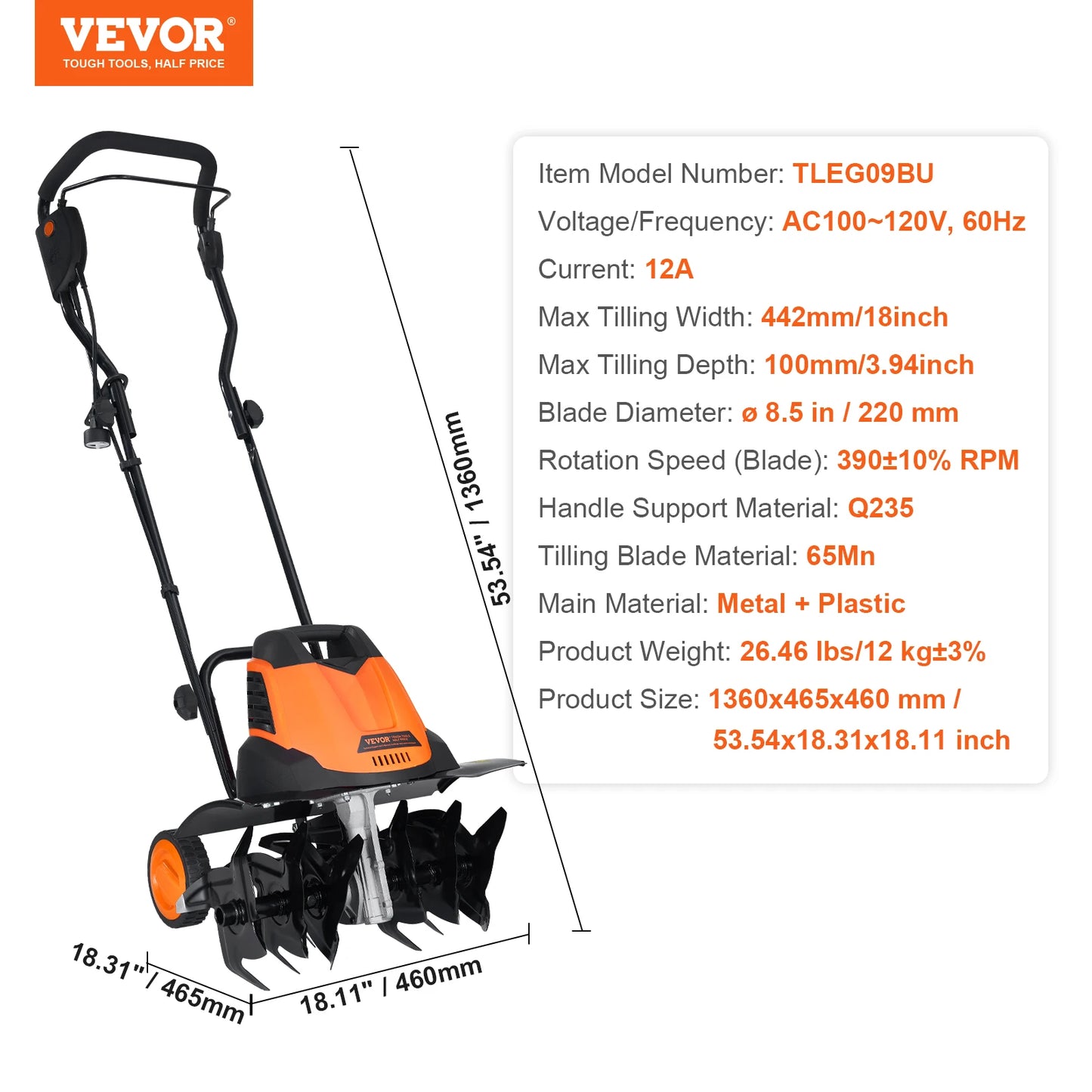 12 Amp Electric Tiller 18" Tilling Width 3.94" Tilling Depth Corded