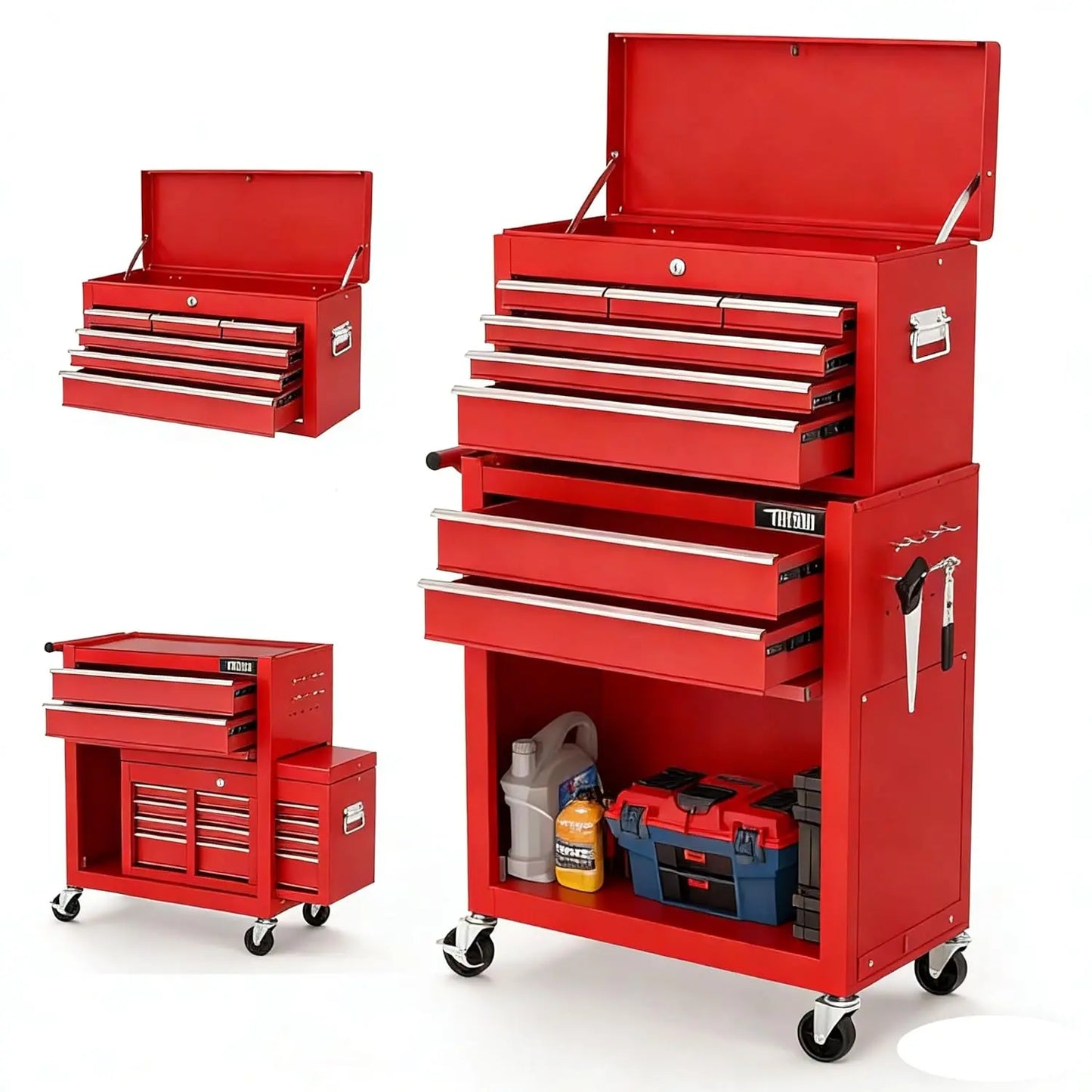 8-Drawer Rolling Tool Chest w/Lock w/Wheels, Detachable Top, Drawers & Drawer Liners,