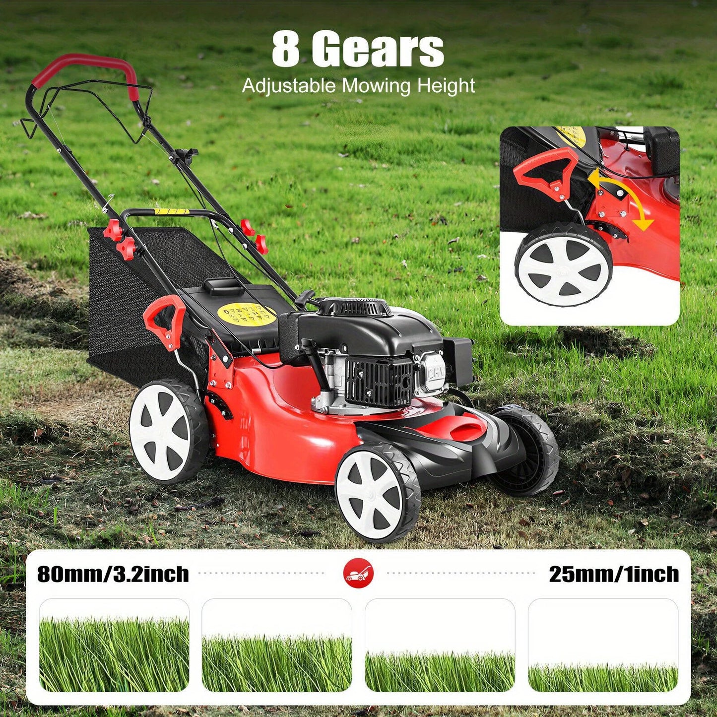 Self-Propelled Gas Lawn Mower – 140cc 4-Stroke Engine, 20" Cut Width & 8-Position Height