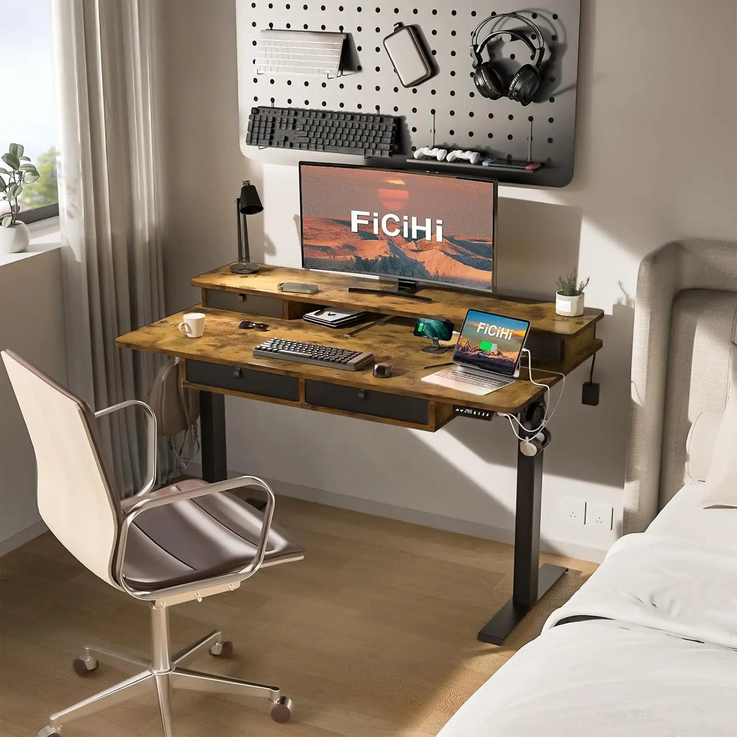 Height Adjustable Electric Desk 55x30" 4 Drawer Two Tier 3 Memory USB Port Home Office