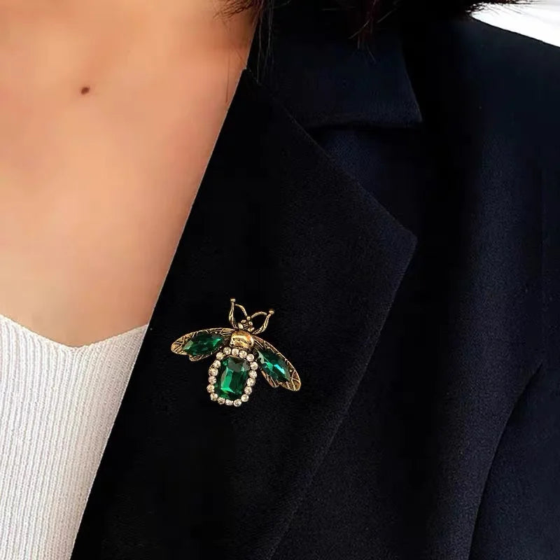 Vintage Green Crystal Bee Brooches For Women Rhinestone Insect Champagne