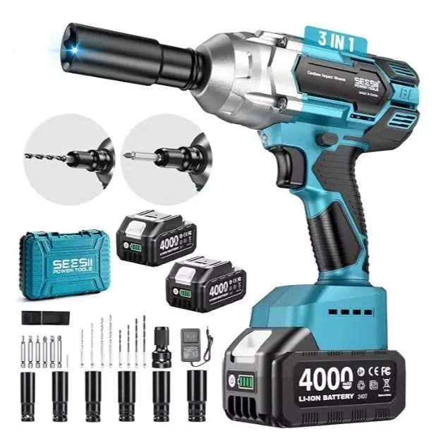 Seesii 3-in-1 650N.m Cordless Impact Wrench & Electric Drill & Screwdriver 1/2" Brushless Impact Gun Kit with 2*4.0ah Batteries LED Light  for Car Home