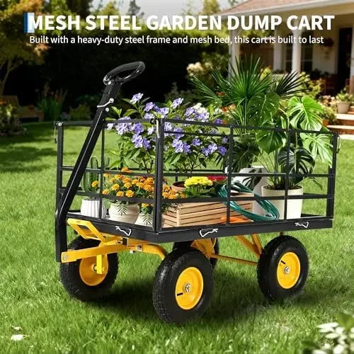 Heavy Duty 1500 Lbs Mesh Steel Garden Cart Folding Utility Wagon with Removable Sides, Garden Cart on Wheels.