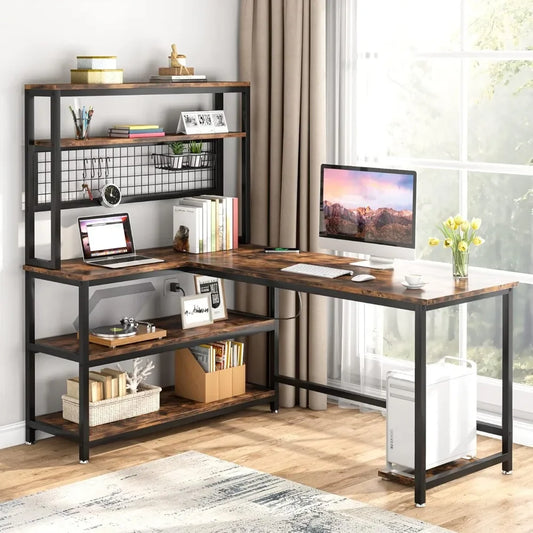 55 L-shaped computer desk with Hutch and wireless charging,