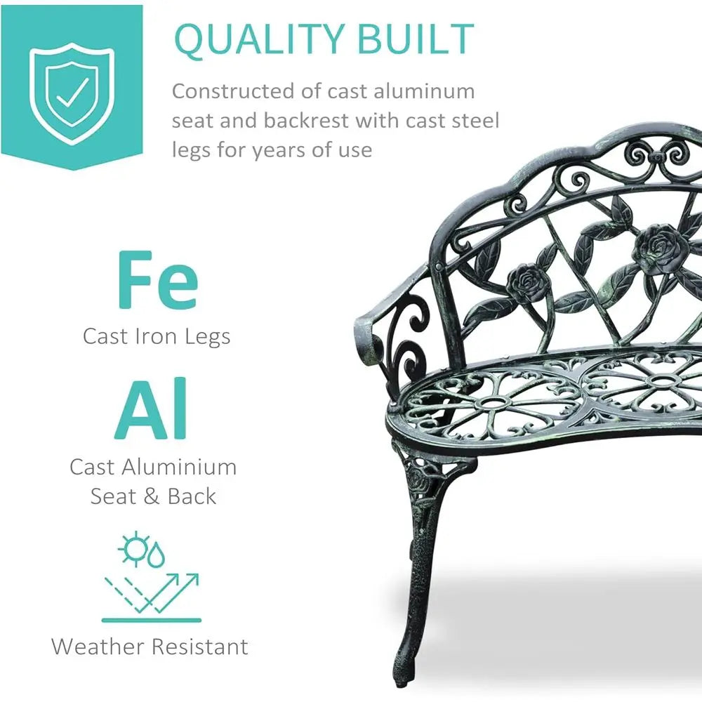 Vintage Garden Bench with Floral Rose Accent – Antique Green
