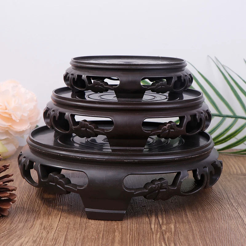 Deep Brown Carving Wooden Look Plastic Base Tray Flowerpot Holder Round Square Multi-Functional