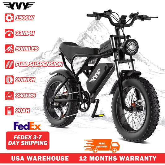 1500W 33MPH Electric Bike for Adults 48V 20Ah Removable Battery 20" for Mountains Sand Fat Tire E-bike Motorcycle Stone & Stem