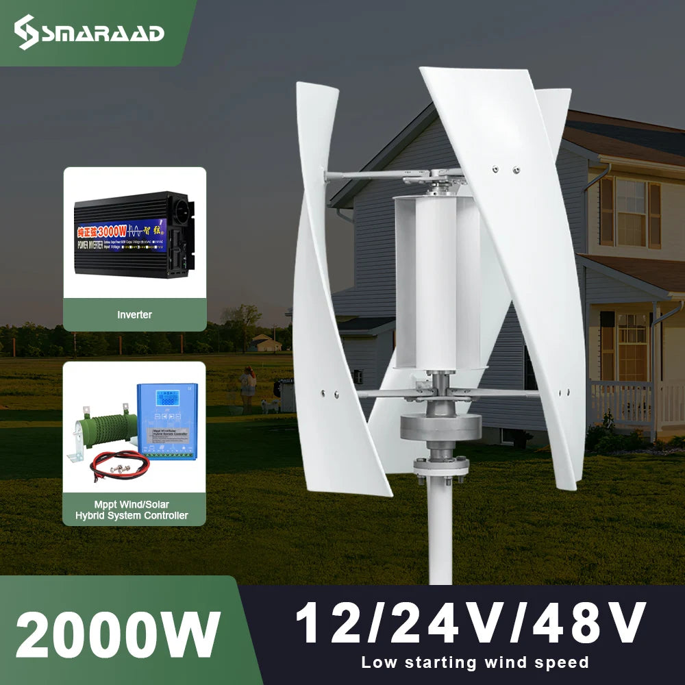 2000W Vertical Axis Wind Turbine Generator Kit 48V Windmill with 220V AC Output Complete Set Controller And Inverter