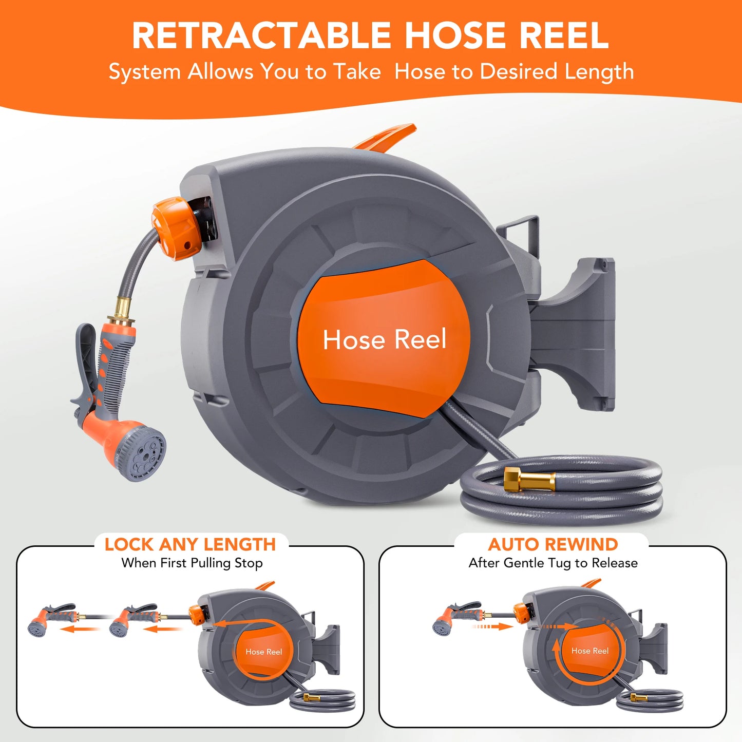 Retractable Garden Hose Reel 65/ 100 ft, Wall Mounted, 9-Function Sprayer, Any Length Lock, 180° Swivel, Automatic Rewind & Slow Return System