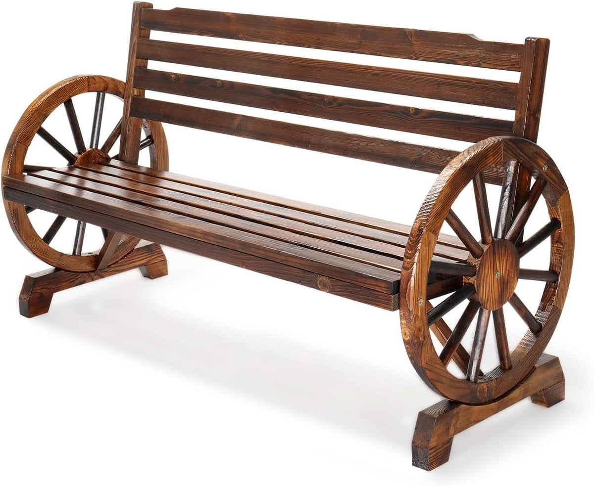 Rustic Wooden Garden Bench with Wagon Wheel Arms ShipItFurniture